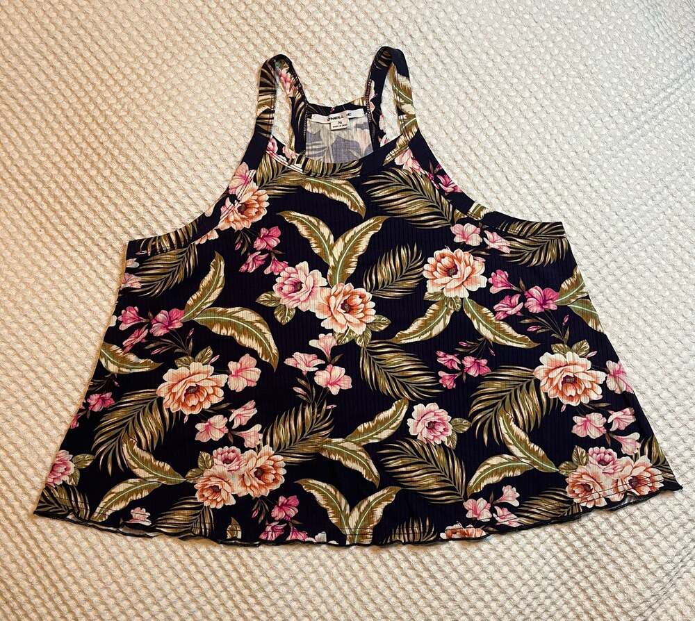 O'Neill Navy Blue Ribbed Floral Tropical High Neck Tank Top (FB1)